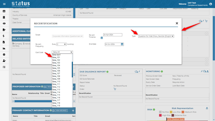 Cost Code while recertifying