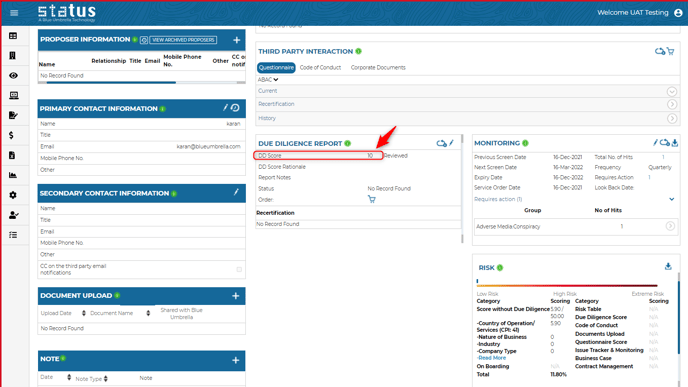 Monitoring and Due Diligence tile-scenario order monitoring service but no service from DD and verification group and enter a DD score- Highlight the DD score