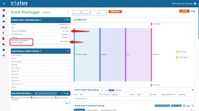 Third party info tile with country of operation and third party language of communication mapping
