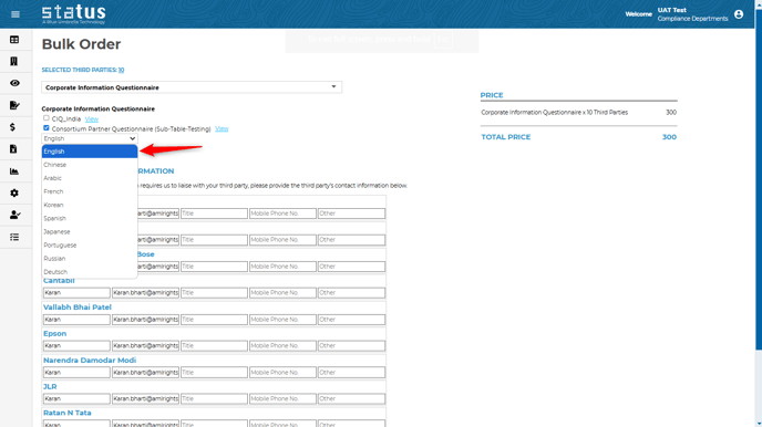 Select the language while bulk ordering