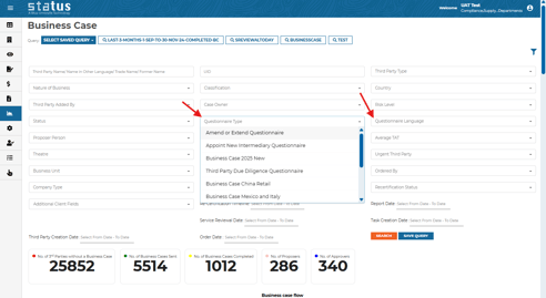 Filter by Business Case Questionnaire and Language
