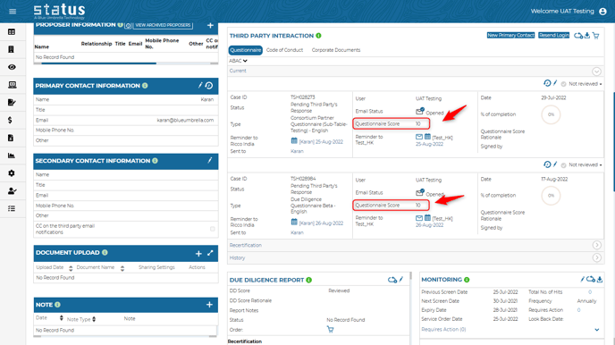 Third party interaction tile highlight questionnaire score