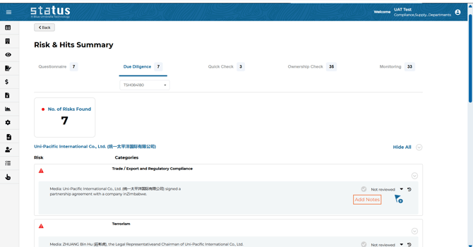 Case Selection on Hits and Risk Summary Pages
