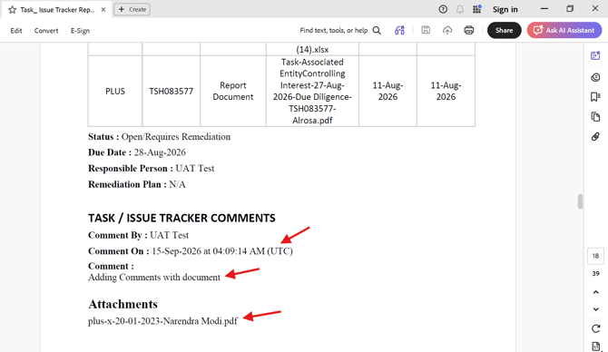 Comments Added to Task and Issue Tracker Reports